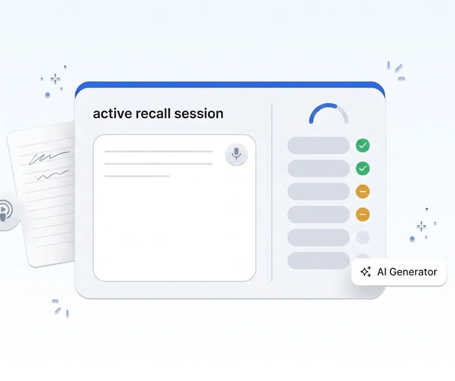 an active-recall brain-dump graded into a coverage report of recalled and missed points