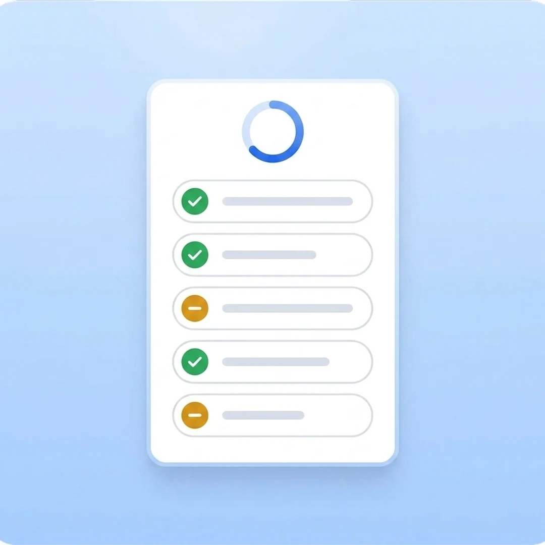 a coverage report checklist of recalled and missed points with a coverage gauge