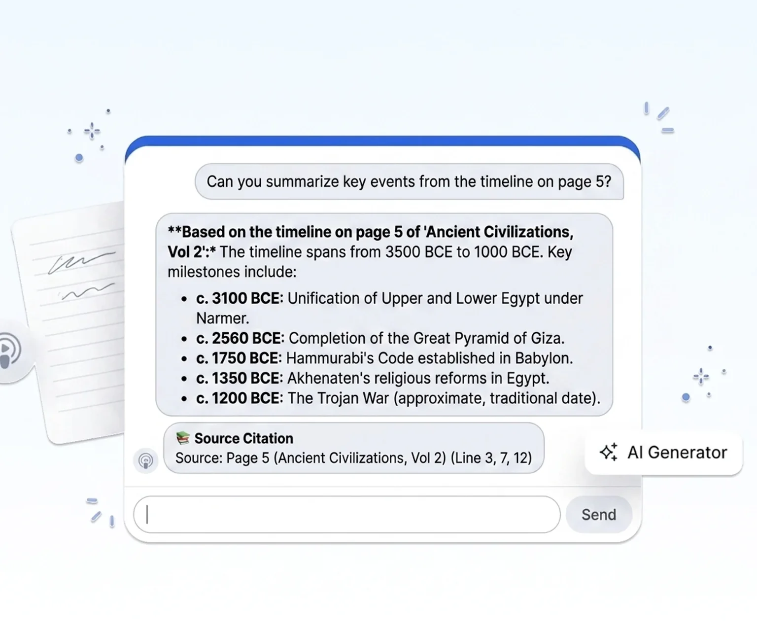 a chat conversation answering a question about an uploaded PDF, with a source citation
