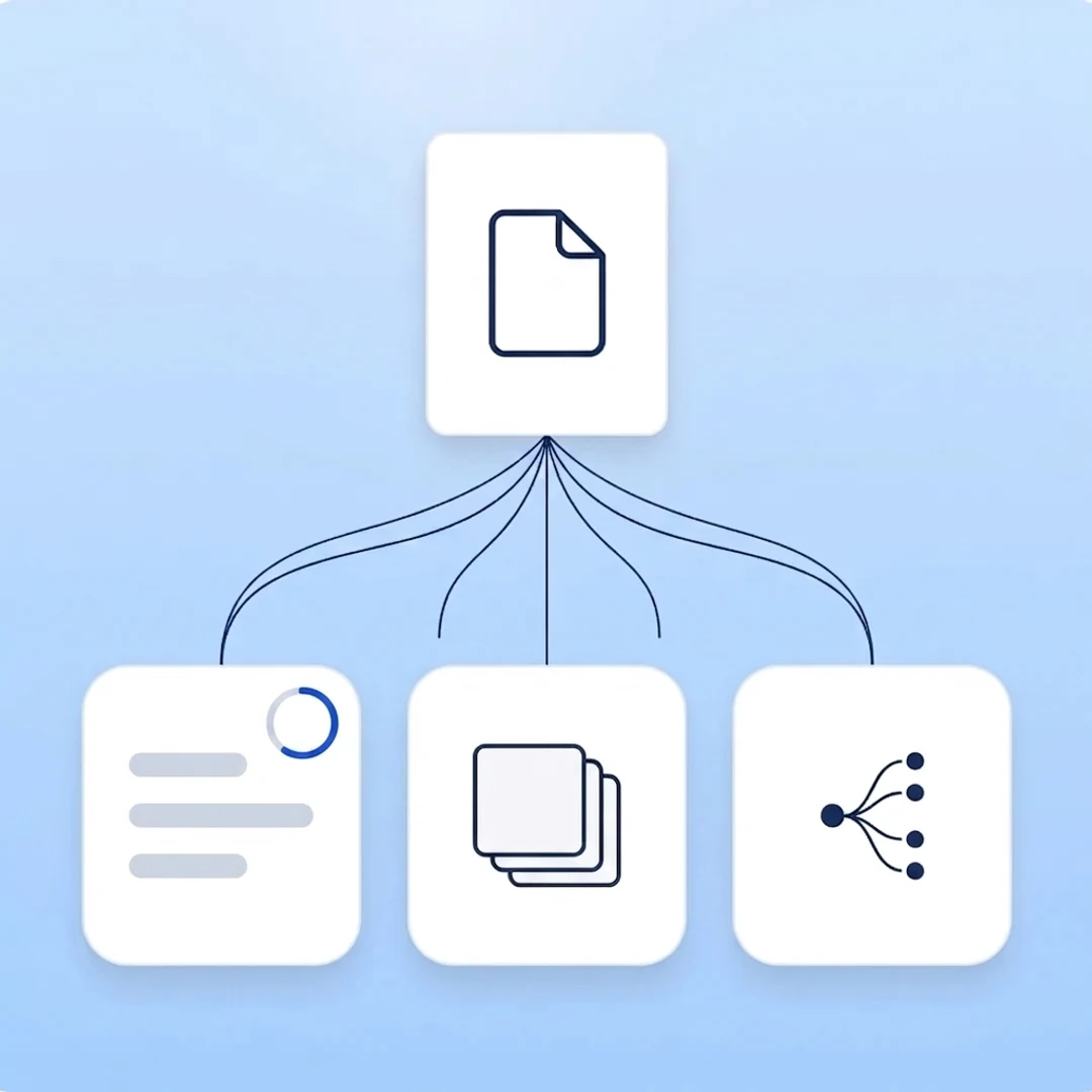 the same upload powering notes, flashcards and a graded written test