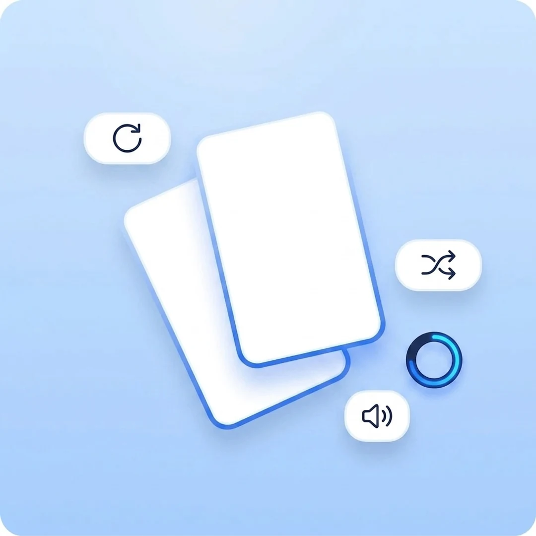 a flashcard flipping with shuffle, read-aloud and a mastery ring