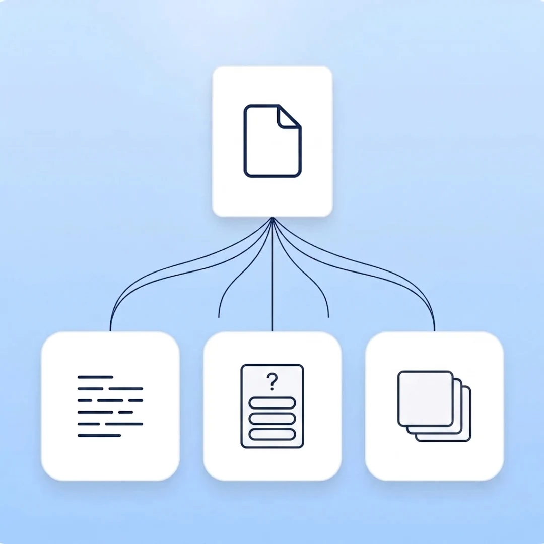 the same upload powering a quiz, notes and other study outputs